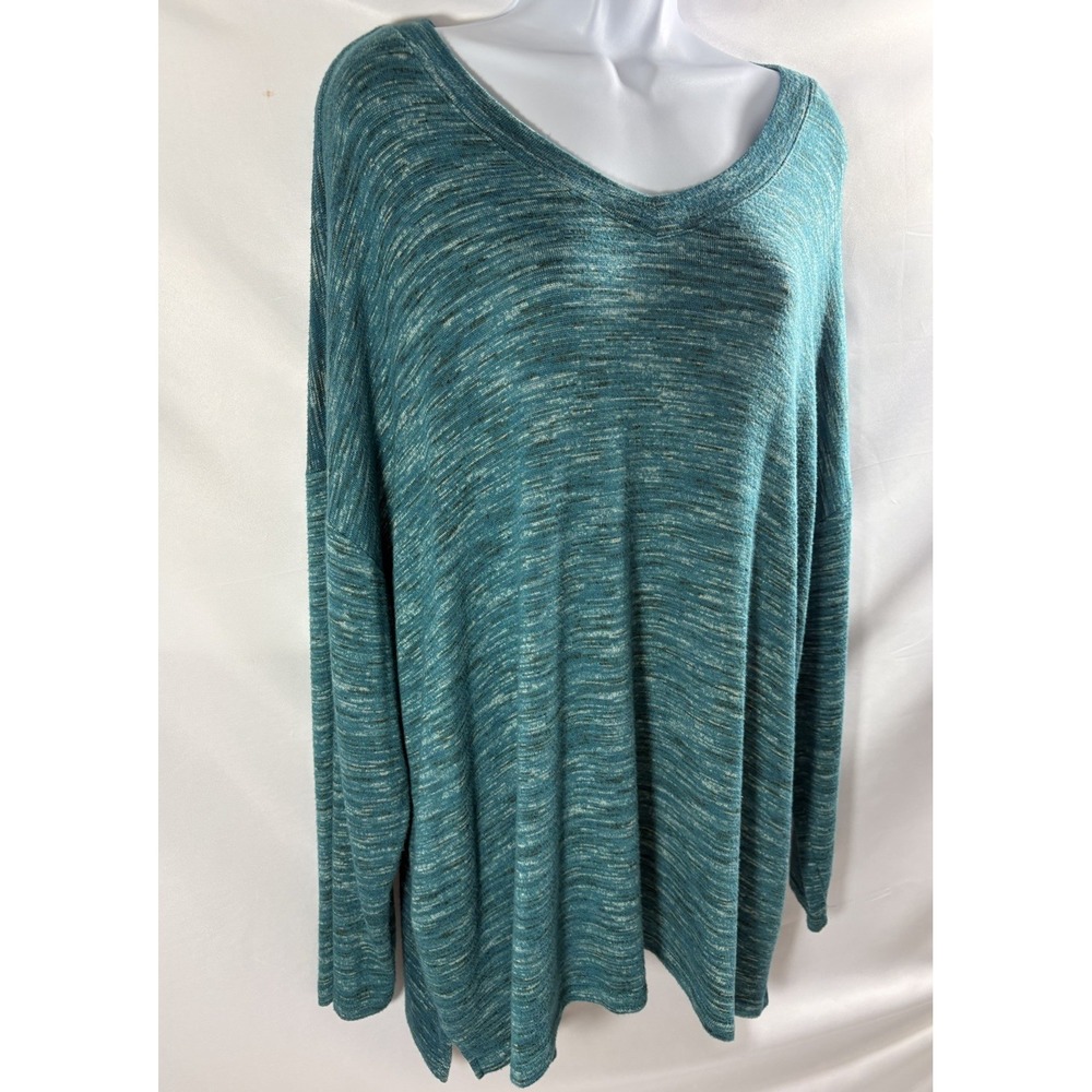 Chico's 3 Teal Blue Green Space Dye Knit V-Neck Slouchy Pullover Sweater Top